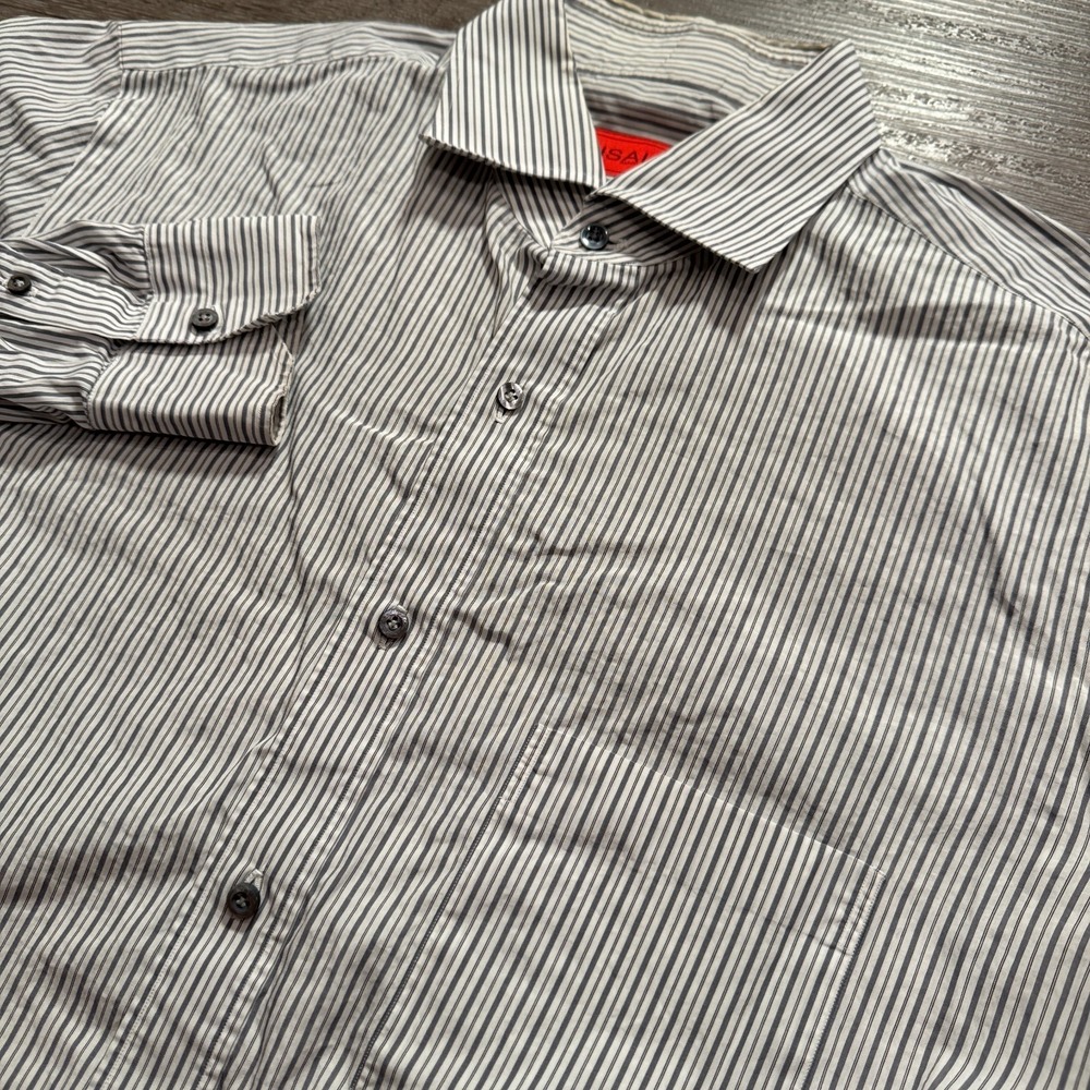 ISAIA Napoli Shirt Mens 16 41 Gray Stripe 100% Cotton Button Up Old Money Preppy